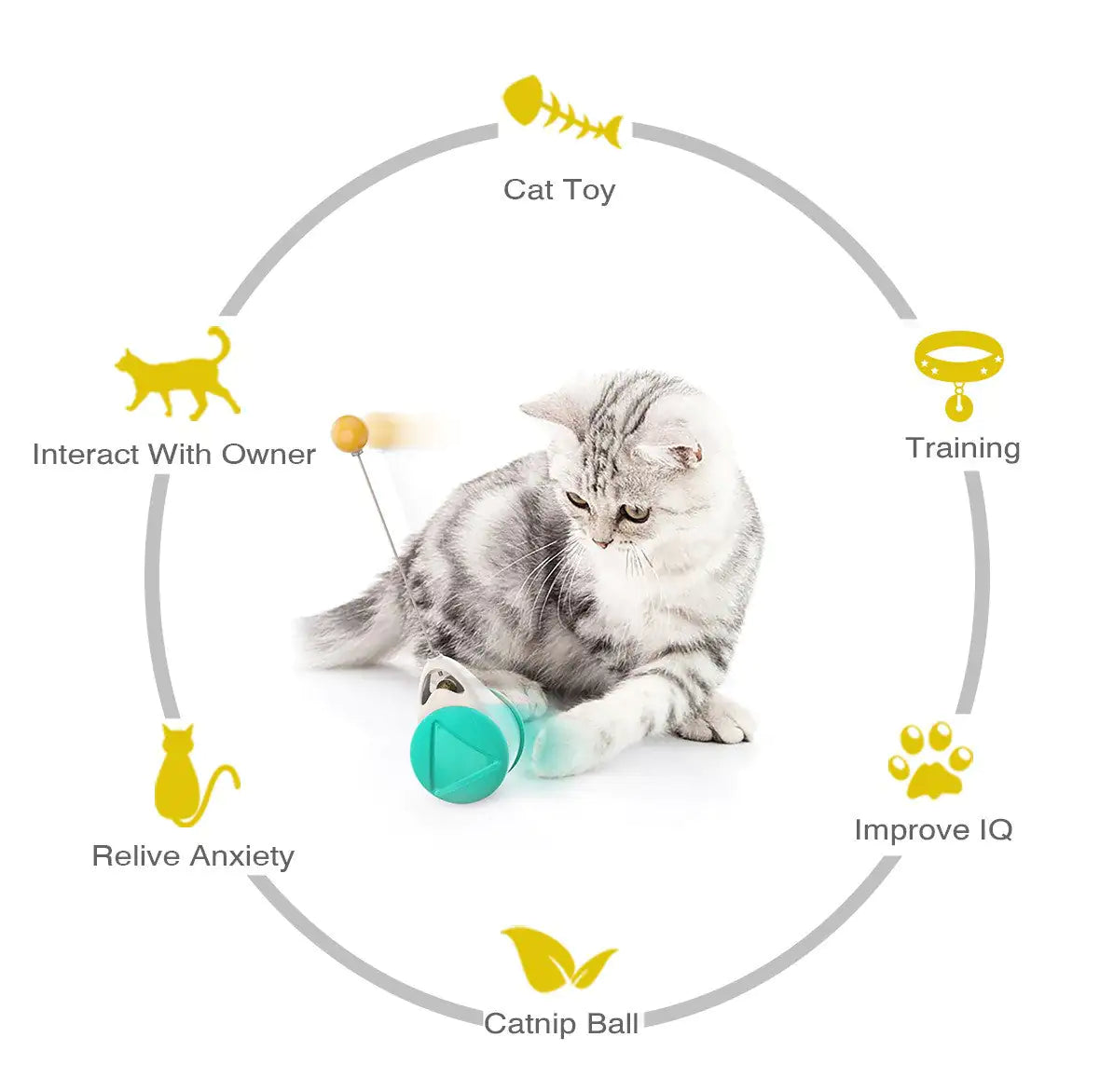 AmoorPet Balanced Wheel Swinging Ball Cat Toy. Interactive cat toy with a swinging ball on a balanced wheel base. Encourages batting, chasing, and play for cats.