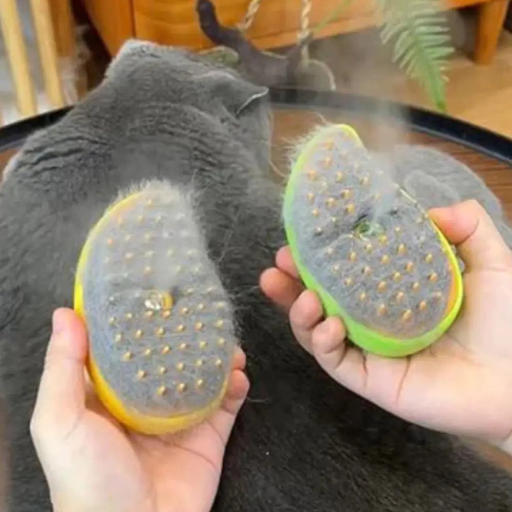 AmoorPet Electric Steam Brush for effortless pet grooming. Gentle steam loosens fur for easy removal. Perfect for cats and dogs to reduce shedding and keep your home fur-free.