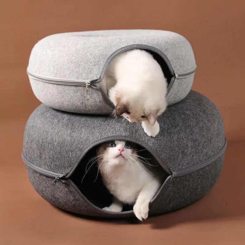 Large, cozy cat tunnel bed by AmoorPet. Features a spacious tunnel for playing and a soft, washable bed for relaxing. Sturdy zipper for easy access and cleaning.