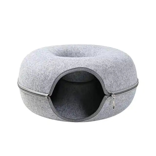 Large, cozy cat tunnel bed by AmoorPet. Features a spacious tunnel for playing and a soft, washable bed for relaxing. Sturdy zipper for easy access and cleaning.