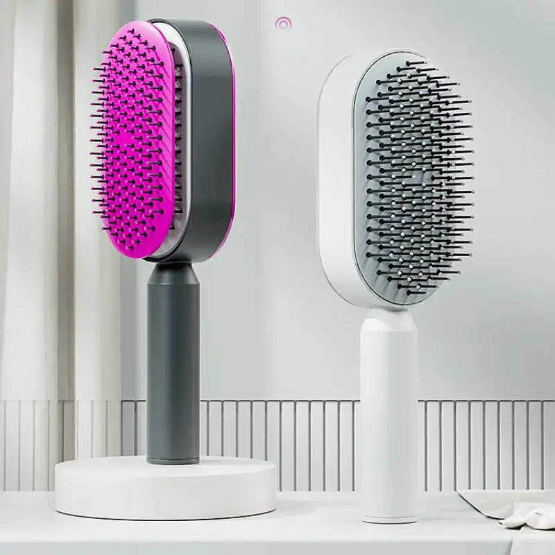 AmoorCare Self Cleaning Anti-Static Hair Brush. Self cleaning hairbrush with anti-static technology for detangling, frizz control, and smoother hair. Easy to clean base for effortless hair care.