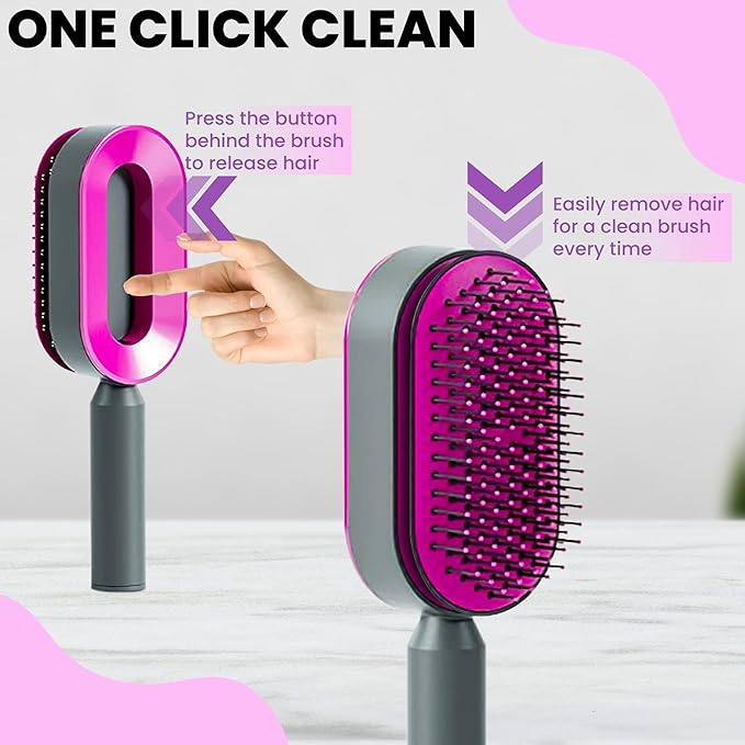 AmoorCare Self Cleaning Anti-Static Hair Brush. Self cleaning hairbrush with anti-static technology for detangling, frizz control, and smoother hair. Easy to clean base for effortless hair care.