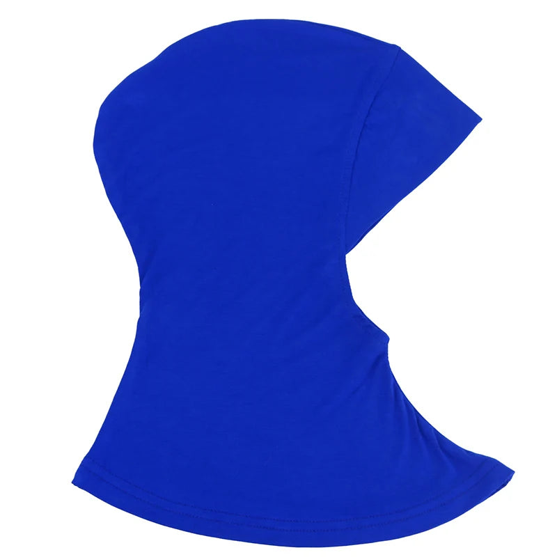 Breathable athletic underscarf hijab for women in a Blue by AmoorFemme. Made from sweat-wicking material for comfort during workouts.