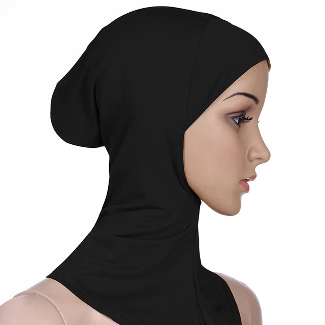 Breathable athletic underscarf hijab for women in a Black by AmoorFemme. Made from sweat-wicking material for comfort during workouts.