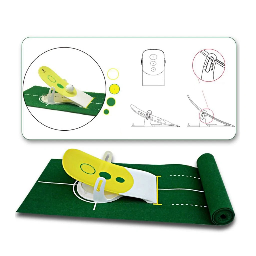 Green, portable putting mat with artificial turf by AmoorCity. Ideal for practicing golf putting indoors.