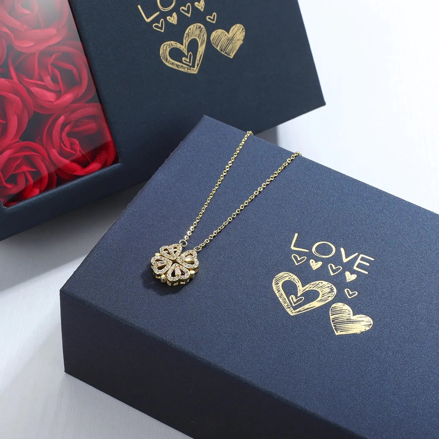 AmoorCity Rose Gift Box - Gift for Her, Mothers Day, Crystal Heart Necklace. Gift box containing preserved roses and a crystal heart necklace. Perfect gift for women for Mother's Day, birthdays, anniversaries or any occasion.