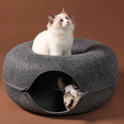 Large, cozy cat tunnel bed by AmoorPet. Features a spacious tunnel for playing and a soft, washable bed for relaxing. Sturdy zipper for easy access and cleaning.