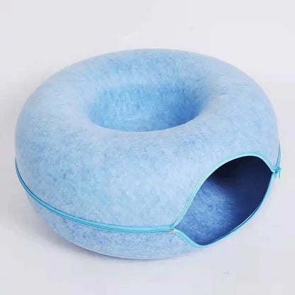 Large, cozy cat tunnel bed by AmoorPet. Features a spacious tunnel for playing and a soft, washable bed for relaxing. Sturdy zipper for easy access and cleaning.