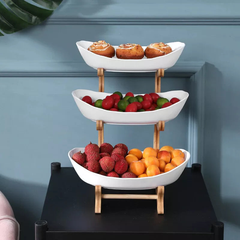 AmoorCity 3 Tier Ceramic Fruit Basket. Stylish and functional fruit storage solution for the kitchen counter. Ample space for fruits with easy access on 3 tiers.