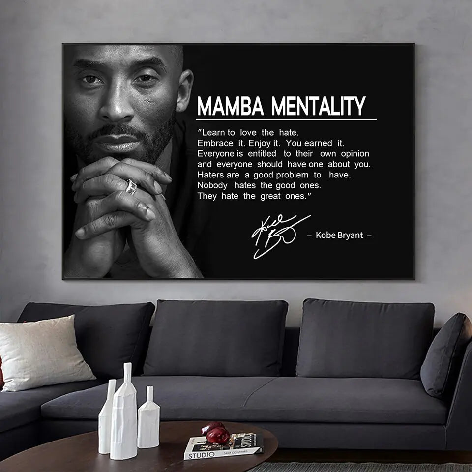 High-quality black and white poster featuring inspirational quotes by Kobe Bryant. Perfect for motivating athletes and fans.