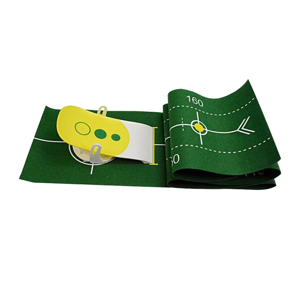 Green, portable putting mat with artificial turf by AmoorCity. Ideal for practicing golf putting indoors.