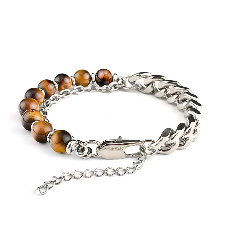 AmoorWear European Natural Tiger Eye Bracelet. Men's bracelet made with genuine European tiger eye beads. Brown natural stone bracelet known for its grounding and protective properties.