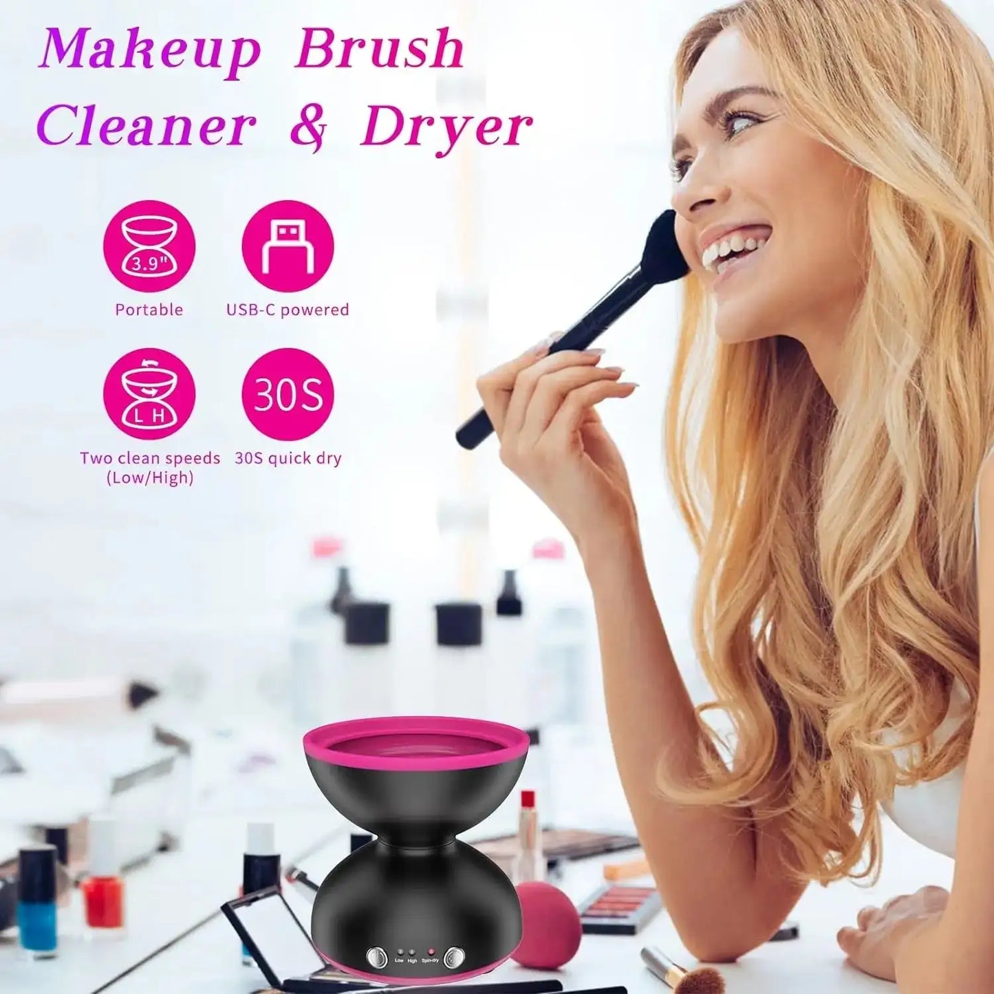 AmoorCare Electric Makeup Brush Cleaner Machine for Women. Electric makeup brush cleaning machine that spins brushes to remove makeup residue and bacteria. Ensures clean and hygienic brushes for flawless makeup application.